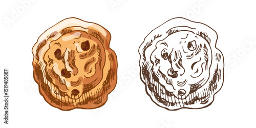 Hand drawn vintage sketch of cinnamon raisin bun in color and monochrome version, brown ink engraving style