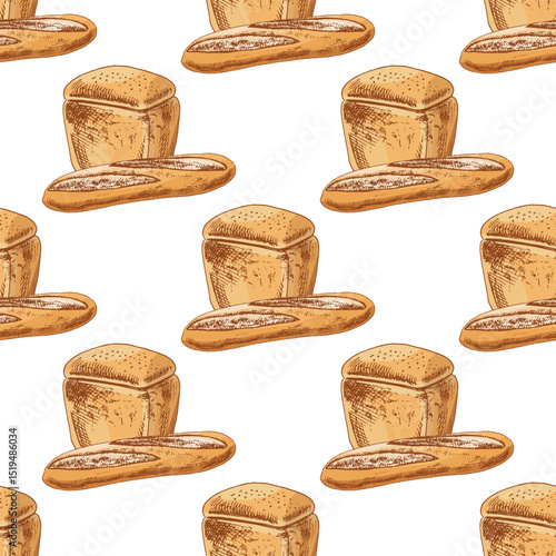 Hand drawn vintage seamless pattern of sliced loaf and bread in engraving style, colorful version on white background