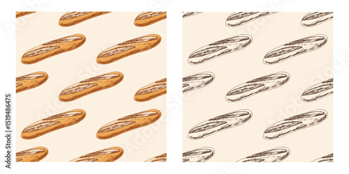 Hand drawn vintage seamless pattern of french baguette in engraving style, in color and monochrome version