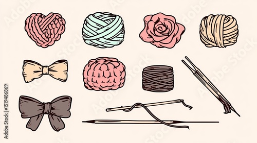 A detailed illustration of various crochet motifs, such as heart-shaped crocheted flowers, bows