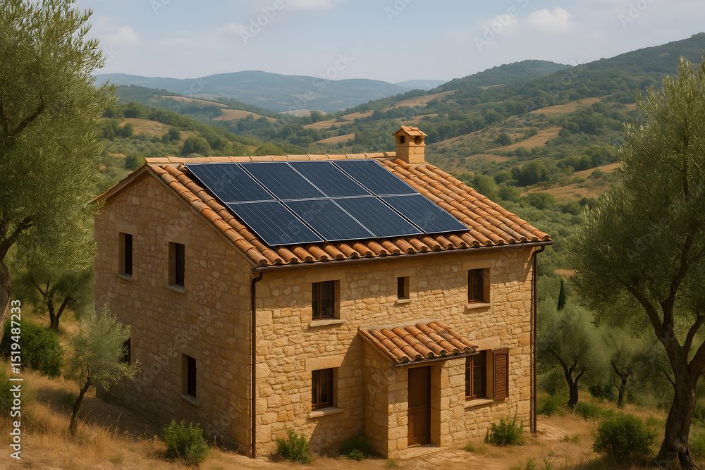 Obraz premium Old Stone House in Mediterranean Hills With Rooftop Solar