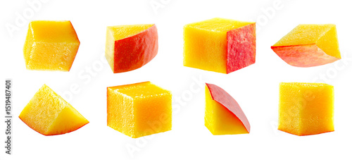 Wonderful set of mango cubes and triangle pieces isolated on white