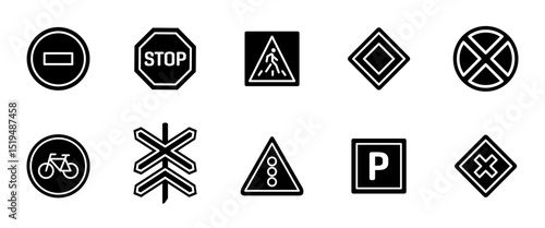 Road signs black icon set. Pedestrian crosswalk, stop, railway crossing and main route vector illustration collection. Directive, caution and alert pictogram. Highway traffic control glyph symbols.