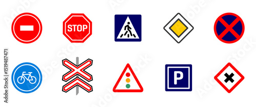 Road signs colored icon set. Pedestrian crosswalk, stop, railway crossing and main route vector illustration collection. Directive, caution and alert pictogram. Highway traffic control colorful symbol