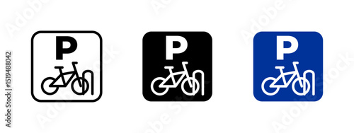 Bike parking sign icon. Bicycle parked at designated area with secure rack vector illustration. Urban transportation and parking zone symbol. Road sign for cyclists pictogram.