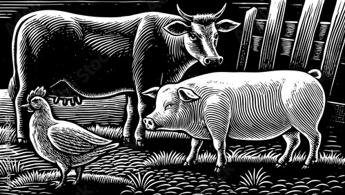 Sketch-style black and white vector of farm animals (cow, chicken, pig), vintage ink drawing, suitable for packaging or branding