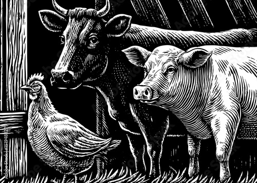Sketch-style black and white vector of farm animals (cow, chicken, pig), vintage ink drawing, suitable for packaging or branding