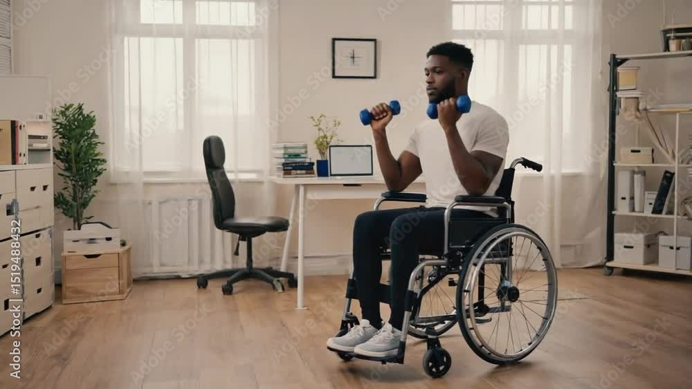 Person in a wheelchair exercising at home. Person in a wheelchair exercising at home.