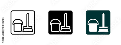 Mop and bucket icon. Classic floor cleaning tool paired with a bucket in a minimalist vector illustration. Represents housekeeping, janitorial services and sanitation maintenance symbol. Hygiene sign.