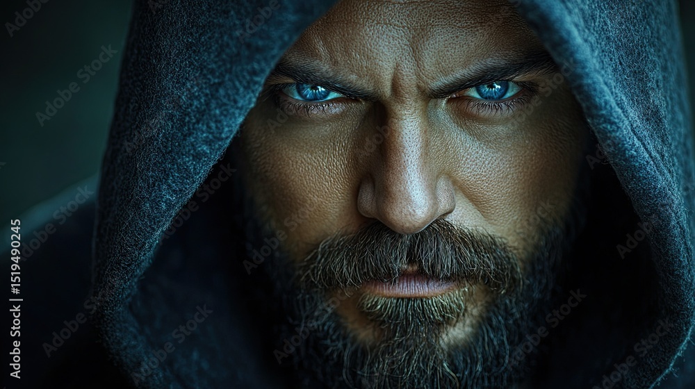 Bearded man wearing a hood with piercing blue eyes, creating an intense and mysterious expression. Bearded man wearing a hood with piercing blue eyes, creating an intense and mysterious expression.