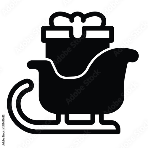 Sleigh with gift box solid icon, merry christmas concept. Vector graphics. Santa Claus sleigh and presents package sign on white background, style mobile or design.