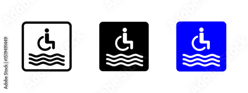 Accessibility beach or pool sign. Wheelchair by waves vector illustration. Accessibility and disabled tourism symbol. Travel and facility support sign. Inclusive recreation pictogram.