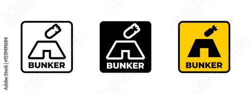 Bunker icon. Bomb dropping over reinforced shelter vector illustration. Underground protection from aerial attacks symbol. Military defense and shelter location sign. Survival facility pictogram.