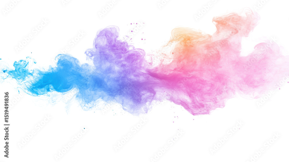 Fototapeta premium Colorful smoke cloud isolated on a white background, ideal for creative designs and artistic projects.