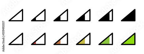 Signal icon. Set of triangular level bars showing increasing intensity vector illustration. Status indicators for sound, battery or network signal symbol. User interface sign. Connection pictogram.