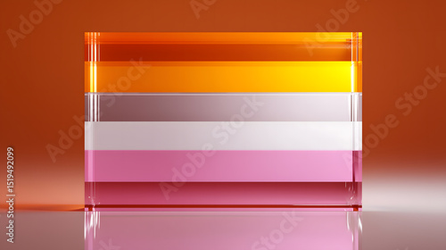 Glass sculpture in the shape of the lesbian pride flag with horizontal stripes in orange, white, pink, and red tones on a warm background.