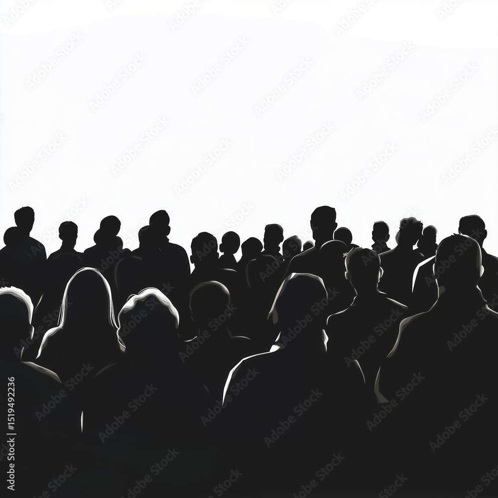 Obraz premium Silhouettes of a diverse crowd, representing unity and collaboration in a public gathering setting.