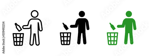 Recycle icon. Person throwing a bottle into a trash bin vector illustration. Environmental responsibility and waste disposal symbol. Ecological cleanup action sign. Sustainability pictogram.