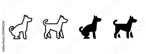 Dog icon. Standing and sitting dog poses in outline and filled styles vector illustration. Representation of pet posture and behavior symbol. Domestic animal character sign. Universal pictogram.