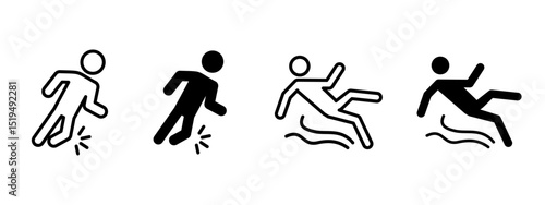 Slip icon. Human figure falling due to slippery floor vector illustration. Warning for wet surface and potential injury hazard symbol. Caution safety signage sign. Accident prevention pictogram.