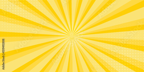 Yellow abstract background with light of sunburst. yellow starburst with halftone. sun ray retro background with flash