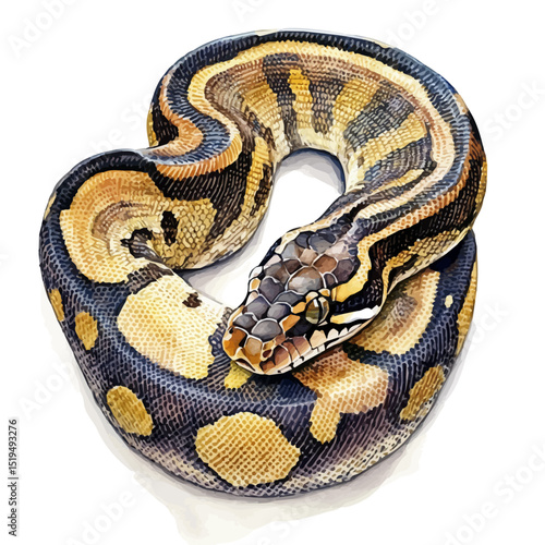 Ball Python, watercolor clipart vector, high quality, isolated on a white background.