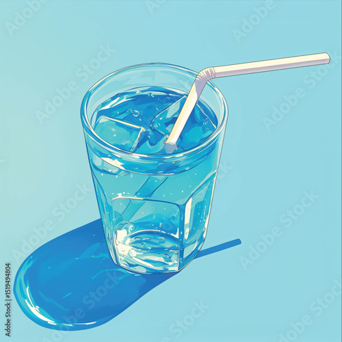 Refreshing Iced Drink Illustration Cool Blue Beverage in Glass with Straw