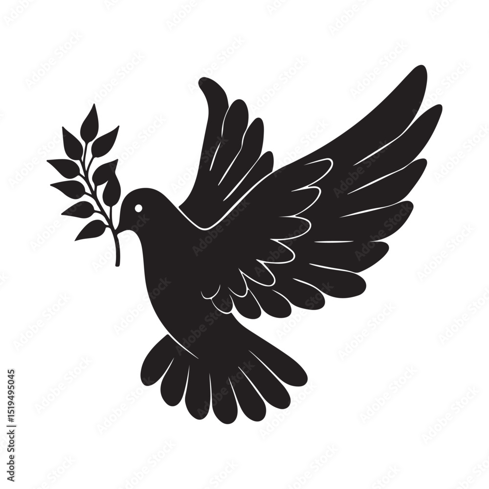 Obraz premium Black Dove Silhouette with Olive Branch Icon – Peace Symbol Clipart