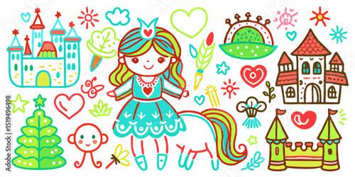 Cute princess unicorn with castles and fairytale elements