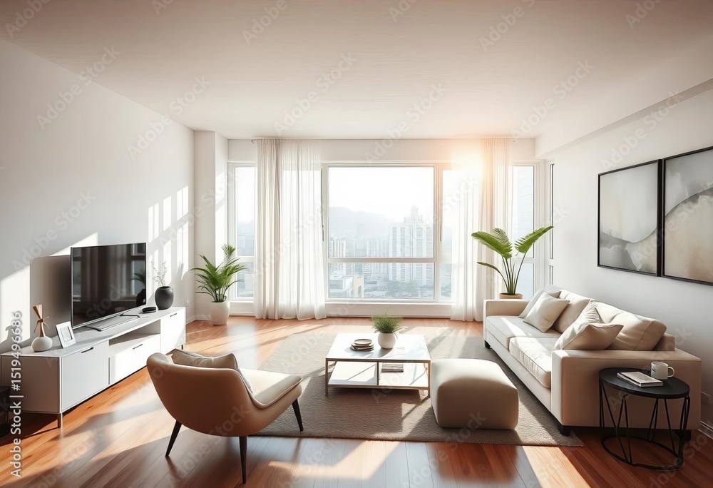 Fototapeta premium Bright, airy apartment living room with open windows, sunlight streaming in, modern furniture, architecture, family life