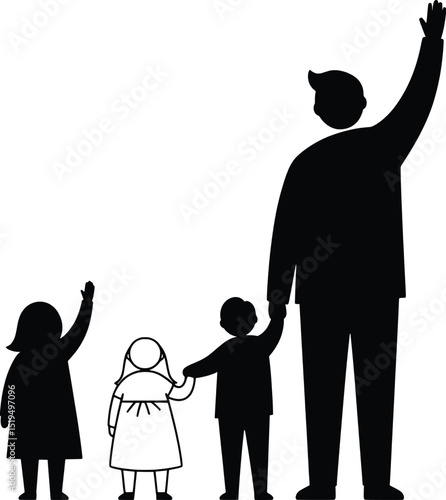 Family Vector Illustration Father and Children Waving Goodbye