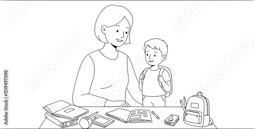 Back to School Vector Illustration of Mother and Son Preparing for Classes