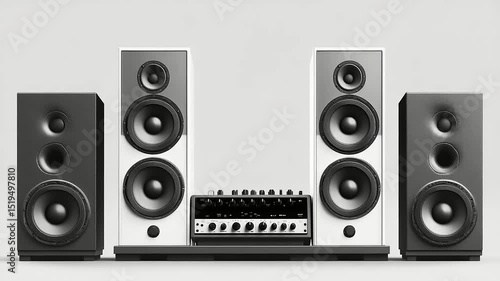 Modern audio system featuring sleek speakers and amplifier in minimalist studio setting
