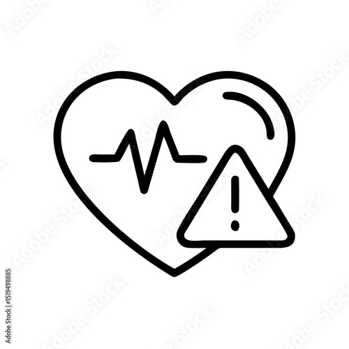 Heart symbol with alert icon shows health warning in black line design indicating medical concern