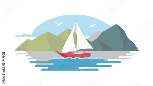 Sailboat navigating calm waters near mountains under a clear sky with birds soaring above