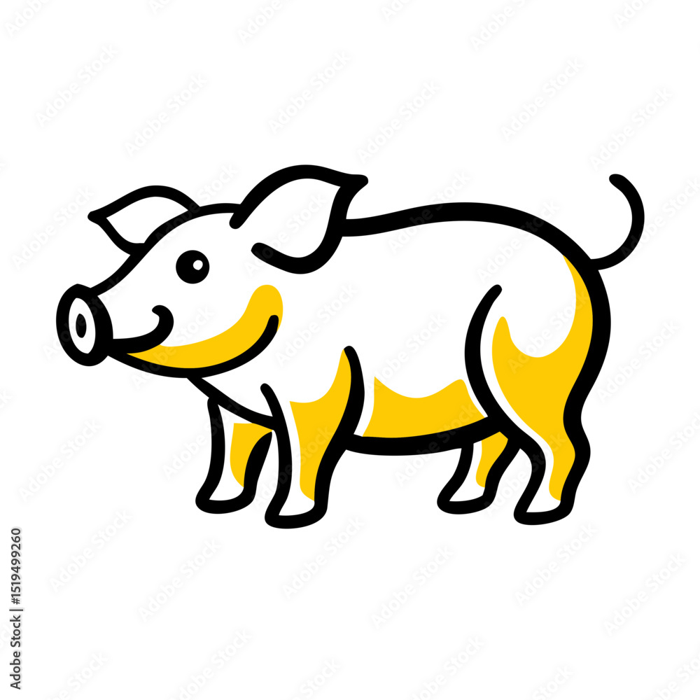 Obraz premium Cartoon pig with yellow accents standing cheerfully against a simple background
