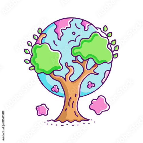 Colorful tree design intertwined with the planet showcasing environmental themes and nature preservation efforts