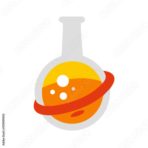 Colorful laboratory flask with orange and yellow liquid and bubbles in modern design style