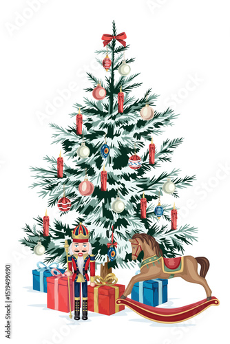 Nutcracker, rocking horse, presents, Christmas tree, candle, decoration print. Merry Christmas, New Year illustration.
