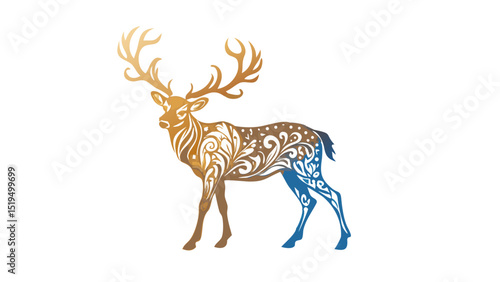 Stylized deer illustration featuring intricate patterns and a gradient color scheme in blue and gold tones