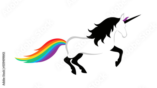 Colorful unicorn rearing on its hind legs with a vibrant rainbow tail and black mane in a playful artistic design