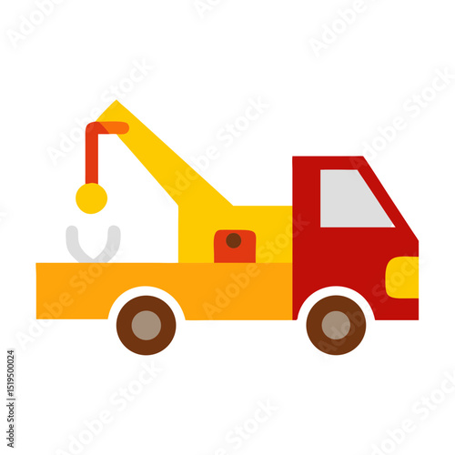 Colorful cartoon tow truck with crane parked on a flat surface, ready for vehicle recovery and assistance