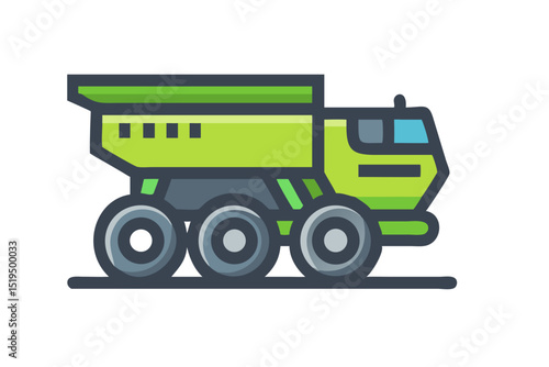 Bright green construction truck working on a site during daylight hours with clear skies above
