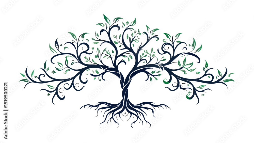 Obraz premium Intricate tree design symbolizing growth and nature with detailed branches and leaves in shades of blue and green