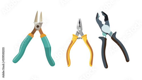 Different types of pliers arranged on a white background for tool identification and usage reference