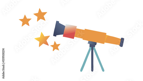 Telescope pointing towards glowing stars in a night sky setting