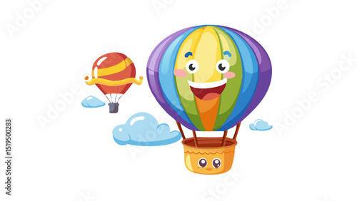 Colorful hot air balloons flying cheerfully against a clear sky in bright daylight with playful expressions