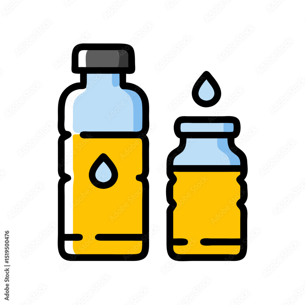 Yellow liquid in bottles of different sizes displayed on a simple background for beverage concepts Yellow liquid in bottles of different sizes displayed on a simple background for beverage concepts