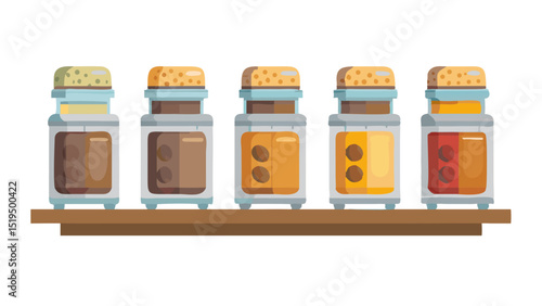 Colorful spice jars displayed on a wooden shelf in a kitchen setting during daylight hours