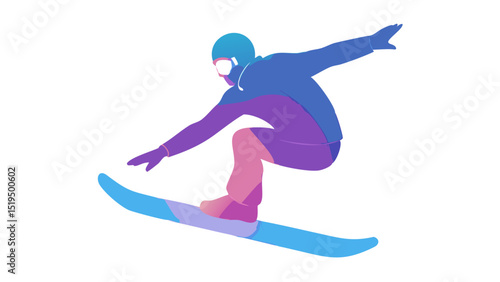 Snowboarder performing an aerial maneuver in a vibrant, creative style against a colorful background during winter sports